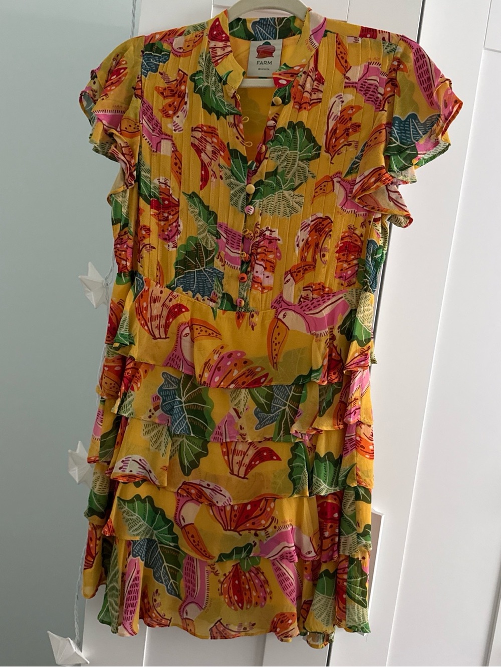 FARM Rio Yellow Tropical Ruffle Tiered Dress with Pink & Green Accents